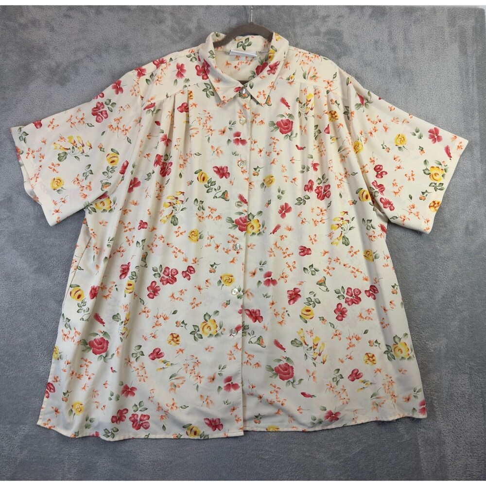 CST Studio Top Womens 4X Beige Floral Button Front Short Sleeve Career Casual